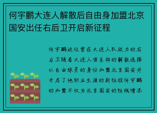 何宇鹏大连人解散后自由身加盟北京国安出任右后卫开启新征程 何宇鹏大连人解散后自由身加盟北京国安出任右后卫开启新征程